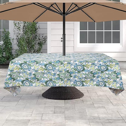 60"x84" Rectangle Tablecloth with Umbrella Hole and Zipper, Washable Waterproof Wrinkle Free Zippered Patio Table Cloths Table Covers for Spring, Party, Backyard, Picnic, BBQS (Botanical Blue Green)