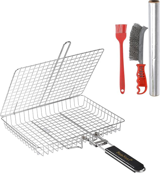 BBQ Deep Grill Basket-Barbecue BBQ Grilling, SUS304 Stainless Steel Folding Portable Outdoor Camping Rack for Fish, Shrimp, Vegetables, Cooking Accessories,Gifts for Dad,Men,Friends