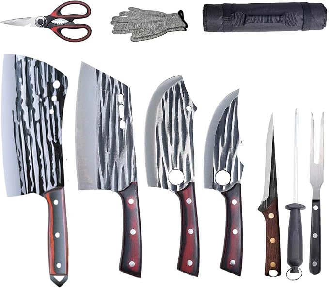Butcher Knife Set with Bag，Meat Cleaver Full Tang Serbian Chef Knife High Carbon Steel for Meat Cutting Processing,Hand Forged Viking Carving Knife,Outdoor BBQ Camping Knife (10)