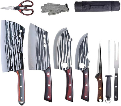Butcher Knife Set with Bag，Meat Cleaver Full Tang Serbian Chef Knife High Carbon Steel for Meat Cutting Processing,Hand Forged Viking Carving Knife,Outdoor BBQ Camping Knife (10)