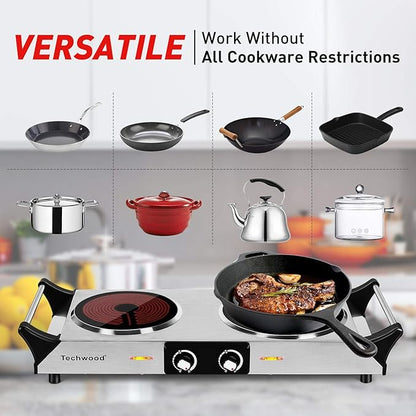 Techwood Electric Stove, Double Infrared Ceramic Hot Plates for Cooking, Two Control Cooktop Burner, Portable Anti-scald handles Suitable for Office/Home/Camp Use, 1800W Compatible for All Cookwares