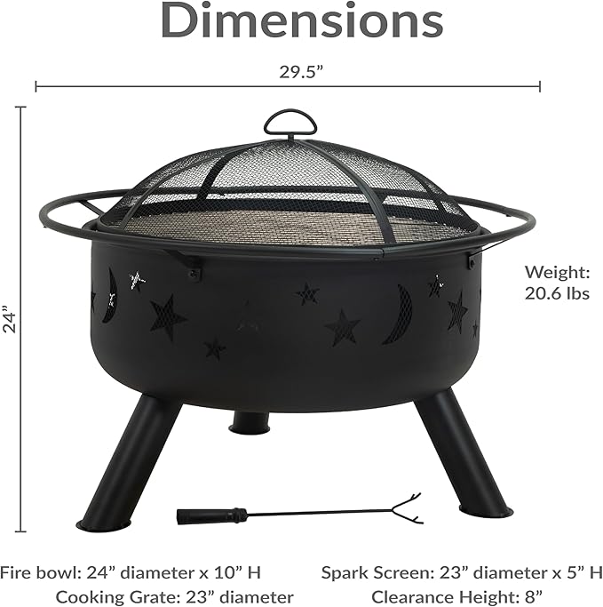 Sunnydaze Cosmic 30-Inch Outdoor Fire Pit with Grill Grate, Spark Screen, and Fireplace Poker - Round Steel Metal Wood-Burning Outside Firepit for Patio, Backyard, Porch, Deck - Bronze