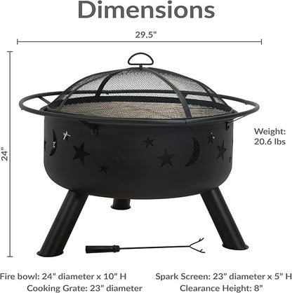 Sunnydaze Cosmic 30-Inch Outdoor Fire Pit with Grill Grate, Spark Screen, and Fireplace Poker - Round Steel Metal Wood-Burning Outside Firepit for Patio, Backyard, Porch, Deck - Bronze
