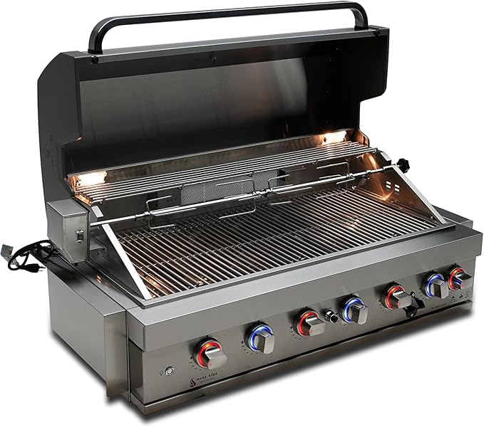 Mont Alpi Premium 44"W x 23"D x 21"H Stainless Steel 6-Burner 87000 BTUs Outdoor Kitchen Kitchen Island Heavy Duty Propane Built-in BBQ Grill Head with Infrared Rear Burner + Rotisserie Kit + Cover
