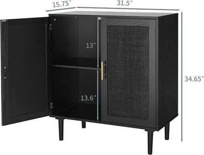 Finnhomy Sideboard Buffet Kitchen Storage Cabinet with Black Painted Rattan Decorated Doors, Dining Room, Hallway, Cupboard Console Table, Liquor/Accent Cabinet, 31.5X 15.8X 34.6 Inches, Black
