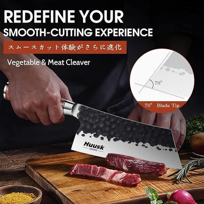 Huusk Cleaver Knife, 7" Japanese Professional Kitchen Knife, High Carbon Steel Sharp Chef Knives for Meat and Vegetable Chopping Knives with Ergonomic Rosewood Handle, Gift Idea for Men and Women