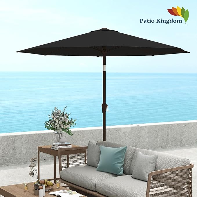9FT Patio Umbrella Outdoor Table Umbrella w/Push Button Tilt and Crank, 8 Sturdy Ribs, UV Resistant Waterproof Market Umbrella for Pool, Deck, Backyard, Garden, Black