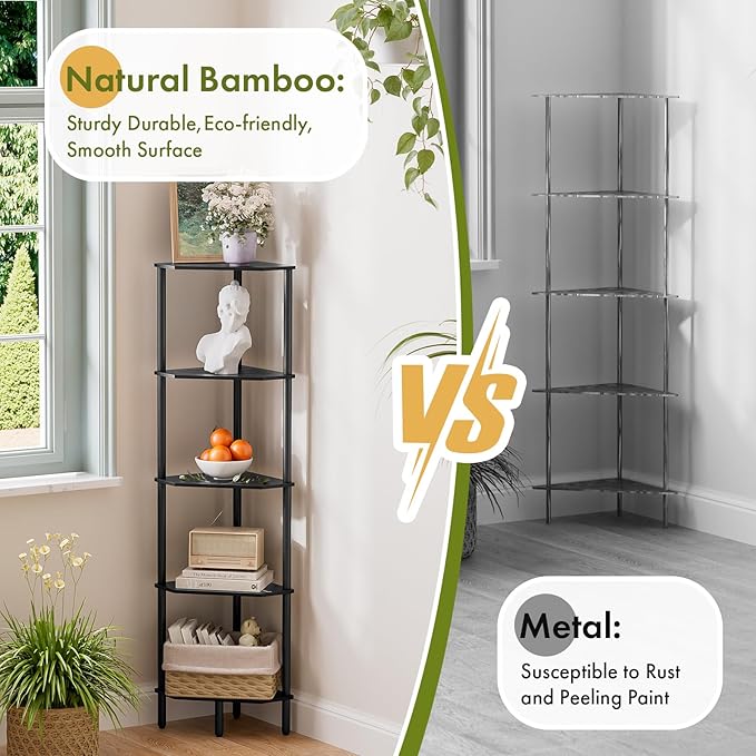 Black Corner Shelf, Industrial 5-Tier Corner Bookshelf, Plant Display Shelf, Free Standing Shelf Storage Organizer, Small Bookcase for Small Spaces, Bedroom, Living Room, Office, Kitchen