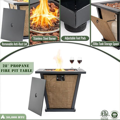 KEIKI 28 Inch Outdoor Propane Fire Pit Table, Square Gas Firepit with Textilene Side Panels, 50000 BTU Heating for Garden Deck with Cover