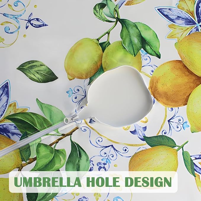 Honellaty 60 Inch Round Outdoor Tablecloth with Umbrella Hole and Zipper, Waterproof Wipeable Lemon Tablecloth for Patio Table, Backyard BBQ and Picnic