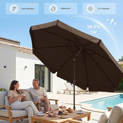 ABCCANOPY 9ft Scalloped Patio Umbrella, Outdoor Table Umbrella with Tilt and Crank, Fiberglass Ribs Deck Umbrella for Patio, Pool, Garden, Picnic (Brown)