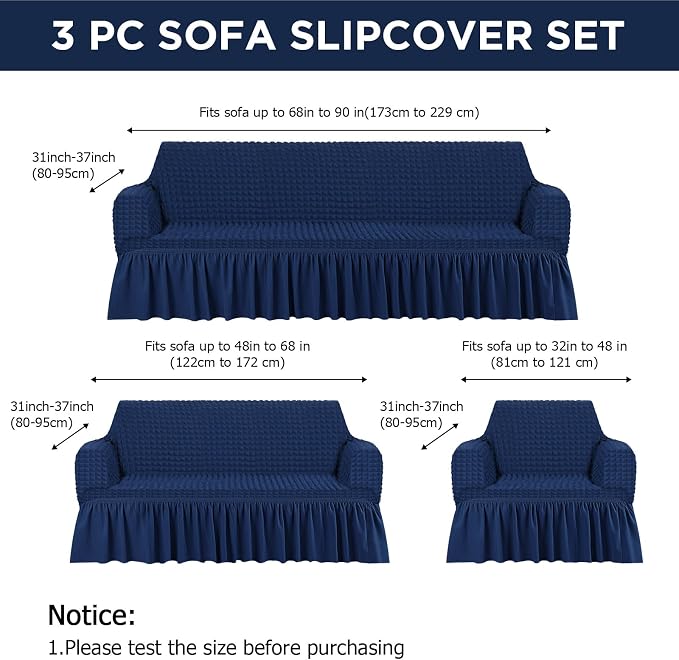 Fanfanwin 3 Pcs Sofa Slipcover Set for Couch Cushion Durable Washable High Elastic Stretchable Furniture Couch Covers with Skirt for Sofa Loveseat Arm Chair(Navy Blue,Seersucker)