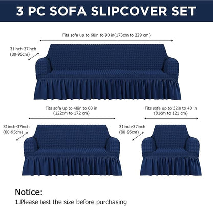 Fanfanwin 3 Pcs Sofa Slipcover Set for Couch Cushion Durable Washable High Elastic Stretchable Furniture Couch Covers with Skirt for Sofa Loveseat Arm Chair(Navy Blue,Seersucker)