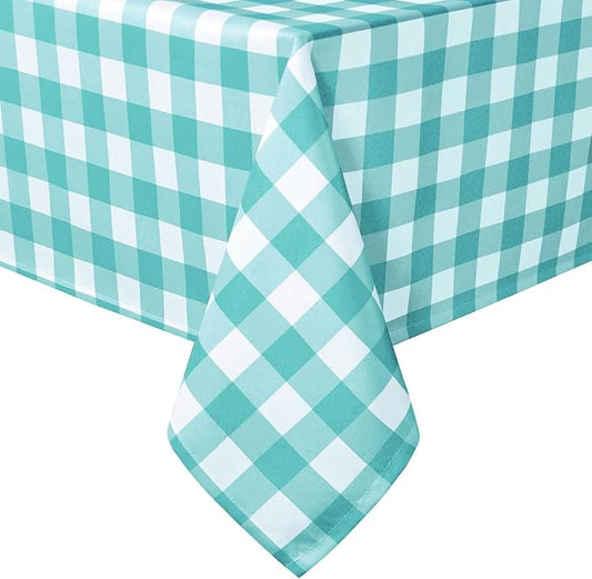 Hiasan 60 x 102 Inch Checkered Tablecloth Rectangle - Waterproof, Wrinkle Resistant and Washable Gingham Table Cloth for Outdoor Picnic, Kitchen and Holiday Dinner, Aqua and White