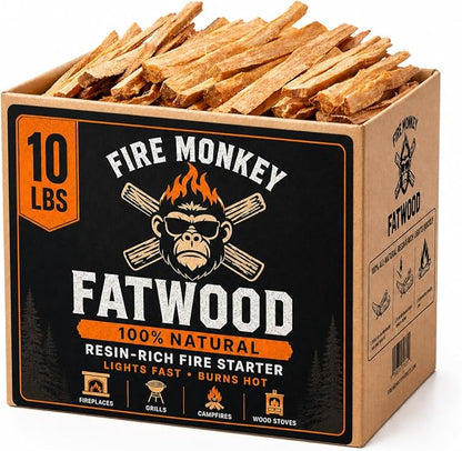 Fatwood Fire Starter Sticks 10 LB Box by Fire Monkey | 100% Natural Resin-Rich Fat Wood Fire Starters | for Fireplace, Fire Pit, Campfire, BBQ Grill, Charcoal & Wood Stove | Lights Fast, Burns Hot