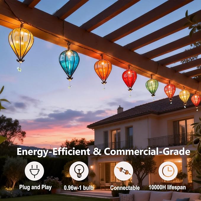 Outdoor String Lights Plug in with 10 Incandescent Bulbs, Multicolor Patio Lights Connectable Weatherproof Decorative Lantern String Lights for Gazebo Porch Bedroom Cottagecore Decor (Hot Air Balloon)