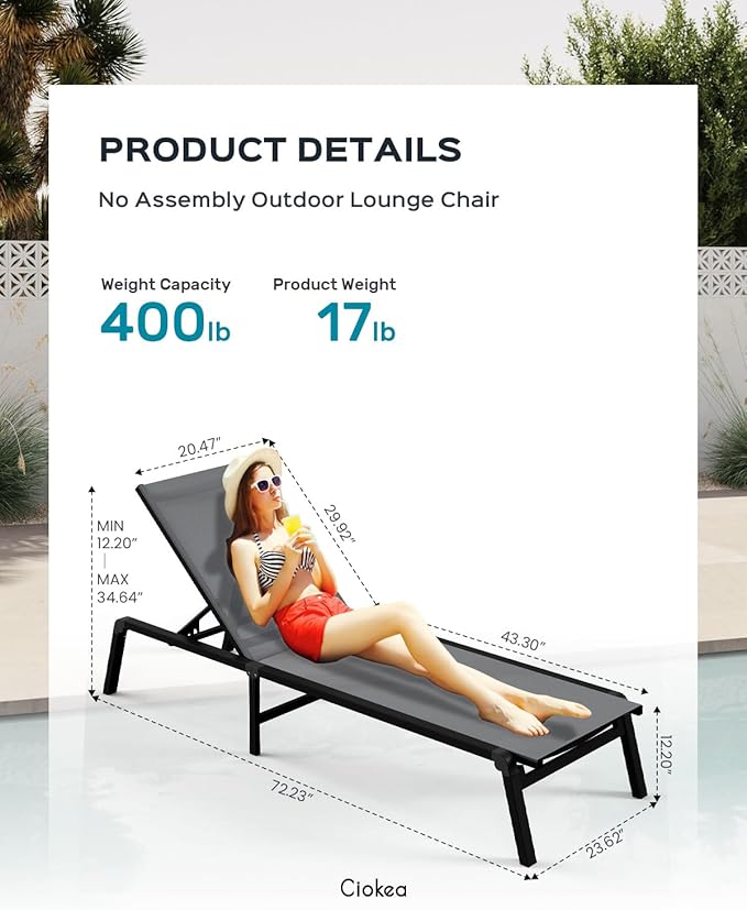 Ciokea Aluminum Chaise Lounge Ourdoor - Foldable & Assemble Free Outdoor Lounge Chair with 5 Adjustable Backrest, Patio Lounge Chair for Outside Poolside Beach Pool, Grey