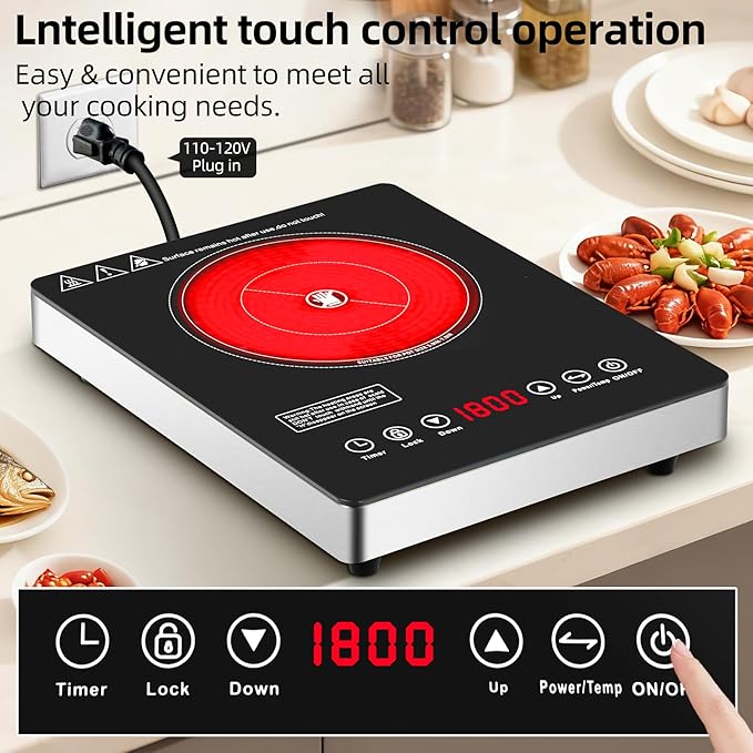 Single Burner Electric Cooktop,110V 1800W Electric Stove Top with LED Touch Control,9 Power Levels, 3 hTimer, Safety Lock, portable cooktop Overheat protection