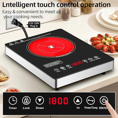 Single Burner Electric Cooktop,110V 1800W Electric Stove Top with LED Touch Control,9 Power Levels, 3 hTimer, Safety Lock, portable cooktop Overheat protection