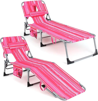 Goplus Tanning Chair, Folding Adjustable Patio Lounge Chair with Face Hole, Removable Pillow, 330LBS, Carry Strap, Outdoor Sunbathing Chair, Lightweight Portable Beach Lounge Chair