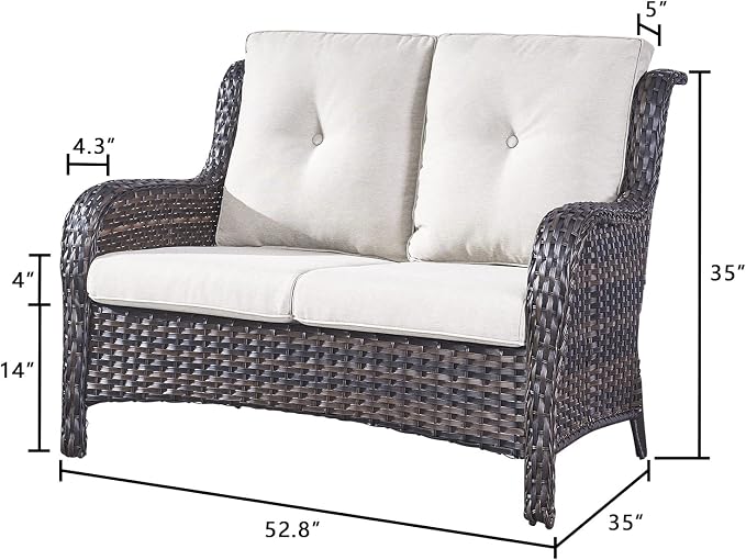 Rilyson Luxury Patio Outdoor Wicker Loveseat, 500 Lbs Weight Capacity Rattan Outdoor 2 seat Sofa Wicker with Deep Seating and Replaceable Cushions for Outside Porch Deck Balcony (Brown/Beige)