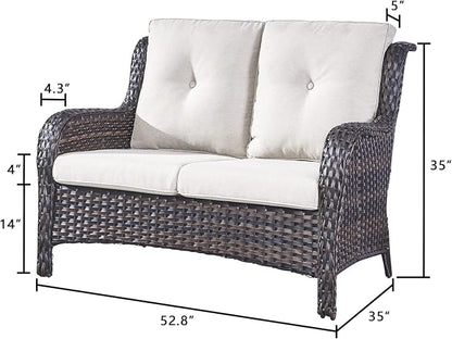 Rilyson Luxury Patio Outdoor Wicker Loveseat, 500 Lbs Weight Capacity Rattan Outdoor 2 seat Sofa Wicker with Deep Seating and Replaceable Cushions for Outside Porch Deck Balcony (Brown/Beige)