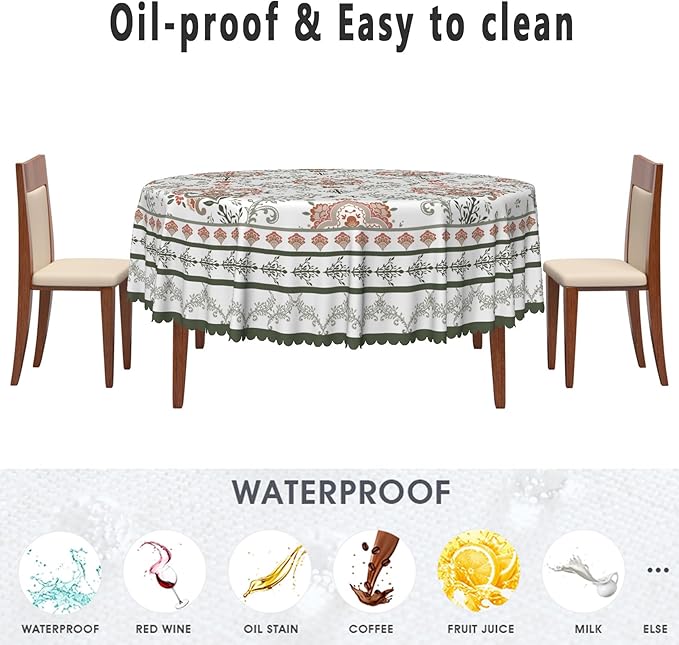Rustic Floral Tablecloth 70x70 Inch Round Green Pink Flower Boho Spring Wrinkle Resistant Table Cloth Washable Seasonal Retro Circle Table Cover for Home Restaurant Picnic Camping 70x70 Inch