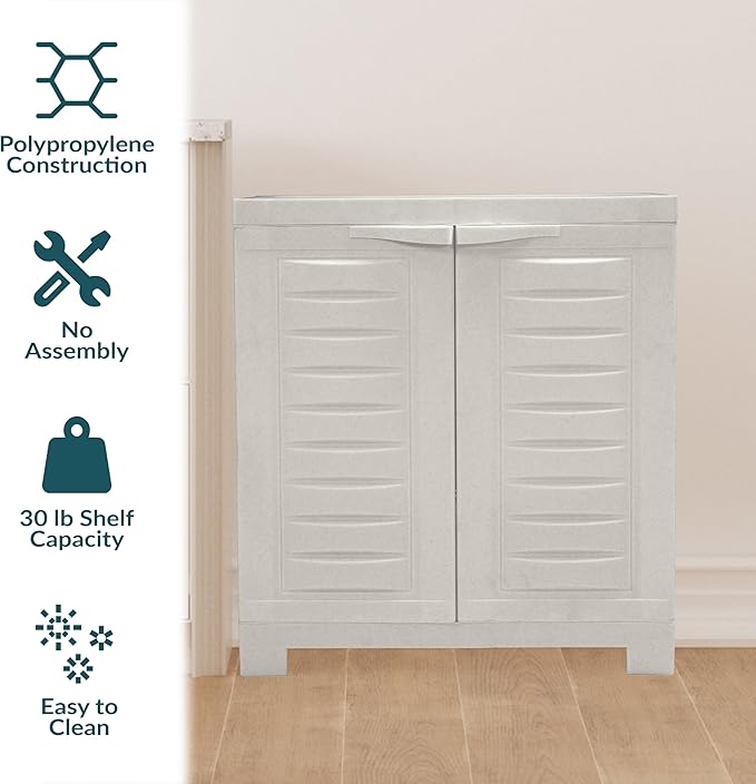 Sunnydaze 25.5" H Resin Garage Storage Cabinet - Garage Cabinet with Doors - Freestanding Utility Storage for Laundry Room, Office, Basement - Speckled White