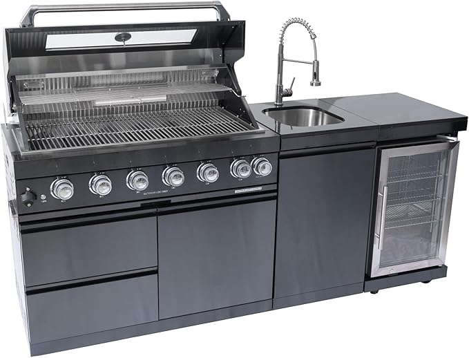 43-Inch Modular Outdoor Kitchen Grill with 6 Stainless Steel Burners 85000 BTU, Deluxe BBQ Station with Granite Countertop, Rotisserie Kit, 304 Stainless Steel Sink, Portable Refrigerator (Black)