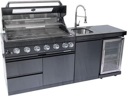 43-Inch Modular Outdoor Kitchen Grill with 6 Stainless Steel Burners 85000 BTU, Deluxe BBQ Station with Granite Countertop, Rotisserie Kit, 304 Stainless Steel Sink, Portable Refrigerator (Black)
