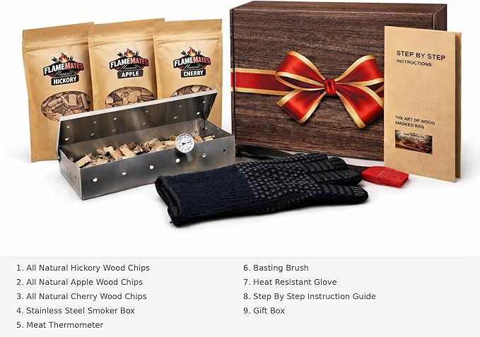 Deluxe BBQ Smoker Kit with Grilling Accessories | Includes Smoker Box, Basting Brush, Meat Thermometer, Heat-Resistant Glove, Instruction Manual, & 3 oz Hickory, Cherry & Apple Wood Chips