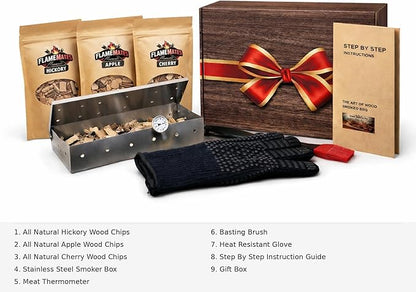 Deluxe BBQ Smoker Kit with Grilling Accessories | Includes Smoker Box, Basting Brush, Meat Thermometer, Heat-Resistant Glove, Instruction Manual, & 3 oz Hickory, Cherry & Apple Wood Chips