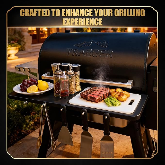 QuliMetal Folding Front Shelf for Traeger Pro 780 and Ironwood 885, Heavy-Duty Grill Prep Table with Cutting Board, Stainless Steel Basin, Lid and 5 Hooks, 32.5" x 11.5" Pellet Grill Shelf Accessory