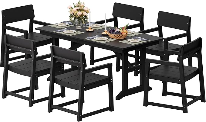 Shintenchi 7 Pieces Outdoor Dining Set,HDPE Outdoor Table and Chairs Set for 6,All Weather Patio Furniture Sets with Umbrella Hole,Modern Wooden Textured Dining Sets for Backyard,Garden,Black
