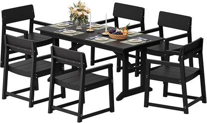 Shintenchi 7 Pieces Outdoor Dining Set,HDPE Outdoor Table and Chairs Set for 6,All Weather Patio Furniture Sets with Umbrella Hole,Modern Wooden Textured Dining Sets for Backyard,Garden,Black