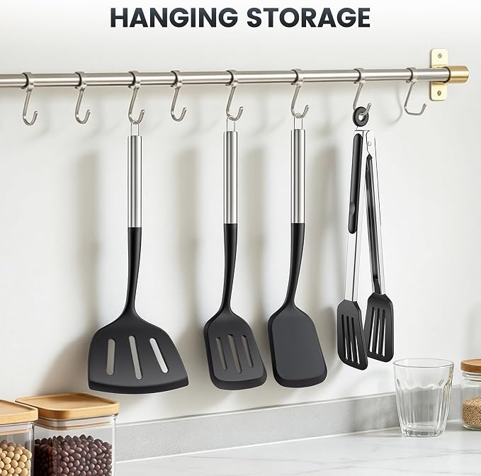 Silicone Spatula Set for Cooking BBQ with 12" Grill Tongs Large Turner-4Pcs | Wide Pancake Steak Burger Spatulas, Heat Resistant Scratch-Free Kitchen Griddle Utensils Barbecue Tools for Nonstick Cookware
