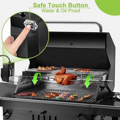 Dreyoo Universal Rotisserie Grill Kit, 360° Automatic Rotating Rotisserie Kit with 120V 4W Motor, 28'' Spit Rod, 2 x 4 Forks, Complete Holders and Fixing Screw for Backyard Camping Grills
