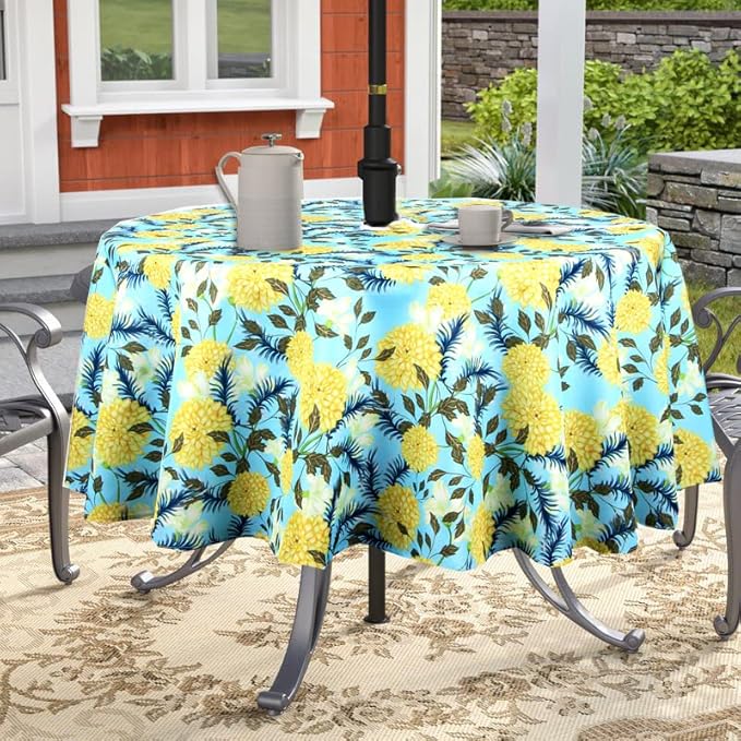 EHouseHome Outdoor Indoor 60inch Round Tablecloth with Umbrella Hole and Zipper, Waterproof Zippered Patio Cloths, Spring/Summer Table Covers for Backyard Circular Table/BBQs/Picnic
