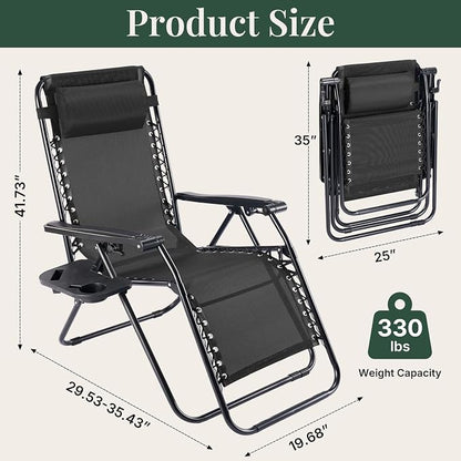Zero Gravity Chairs Set of 4, Outdoor Folding Lounge Chairs | Foldable Reclining Patio Lawn Chairs with Mesh Back, Adjustable Pillows and Cup Holder Trays, for Pool, Beach, Backyard