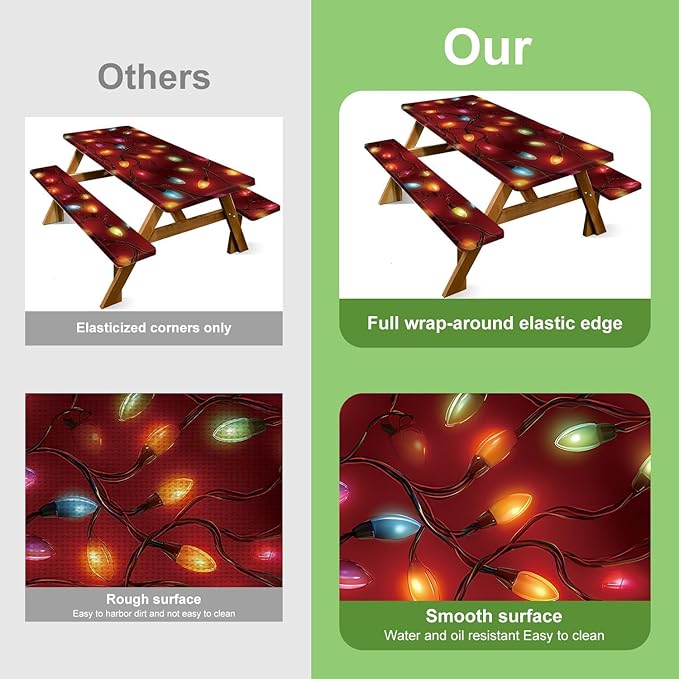 Christmas Picnic Table Cover with Bench Cover, Outdoor Picnic Table Elastic Tablecloth, Red Holiday Light Design, Camping, Barbecue and Christmas Parties