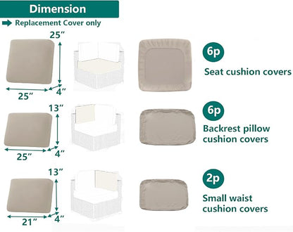 Outdoor Cushion Covers Replacement 14 Pcs, Tan | Patio Cushion Covers Fit for 7Pieces 6-Seater Wicker Rattan Sectional Couch Sofa, Outdoor Cushion Slipcovers Set