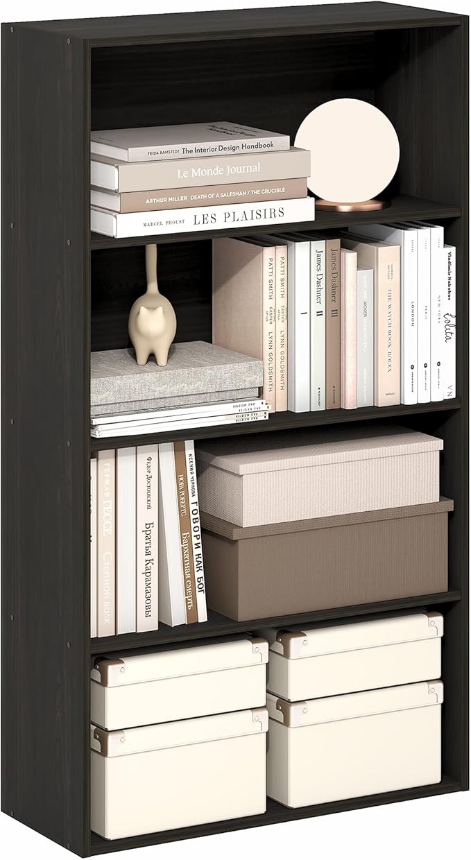 Furinno Jaya Book Shelf, 4-Tier Book Shelf, Bookcase with Open Shelving, Standing Bookshelf, 9.5 x 23.6 x 41.9, for Organization and Storage, for Home Office, Living Room, Espresso