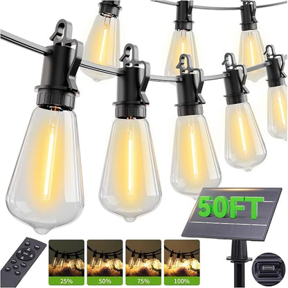 50FT Solar String Lights Outdoor with Remote, IP65 Waterproof Shatterproof ST38 15 LED Bulbs, 2700K Dimmable Outside Hanging Lights for Patio, Garden, Camping, Deck, Backyard Decor