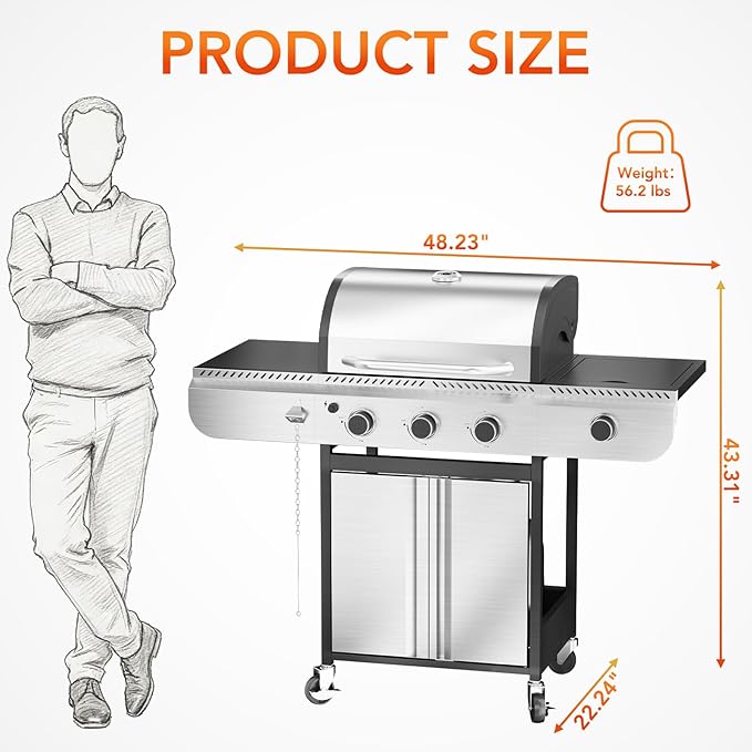 R.W.FLAME 3-Burner Gas Grill with Side Burner, 34000 BTU Propane BBQ Grill, Stainless Steel Outdoor Grill with Porcelain-Enameled Grates for Backyard, Patio, Camping