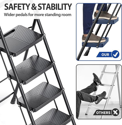 KINGRACK 4 Step Ladder, Folding Step Stool with Anti-Slip Pedals | Heavy Sturdy Steel ladder with Handrail, Safe-Lock Design, Multi-Purpose, Home, Kitchen, Pass 500lbs Load Testing, Black