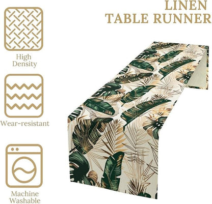 Gold Tropical Leaves Table Runner Jungle Green Plam Leaves Retro Boho Hawaii Botanical Plant Modern Geometric Seasonal Dinner Runner for Farmhouse Kitchen Dining Home Holiday Party 13x70in