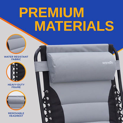 SereneLife Padded Zero Gravity Recliner Chair with Side Table, Gray | Lockable Recline, Cup Holder Tray And Padded Headrest Provide Comfortable Support For Patios, Camping And Outdoor Use