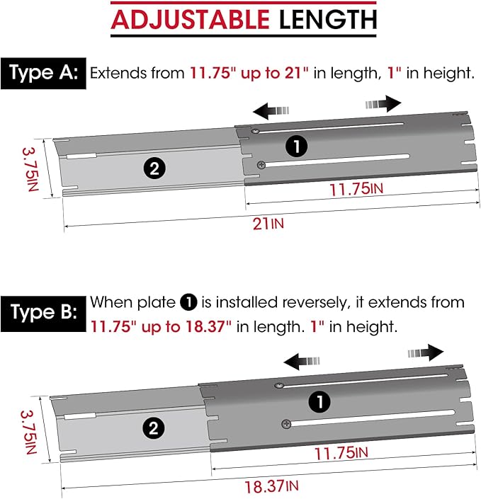 Unicook Adjustable Grill Heat Plate, Extends from 11.75" up to 21" Length, 3.75" Width, Porcelain Steel Grill Burner Cover, Heavy Duty Heat Shield, Flame Tamer Replacement Parts for Gas BBQ, 5 Pack
