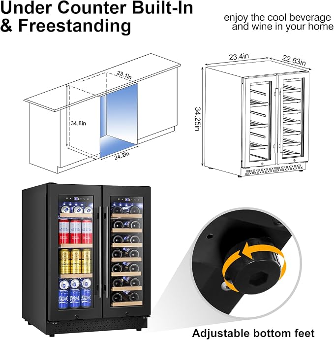 FoMup Wine and Beverage Refrigerator, 24 Inch Beverage Cooler Dual Zone with Glass Door, Under Counter Beverage Fridge with Upgraded 60 Cans 20 Bottles Large Capacity, Black