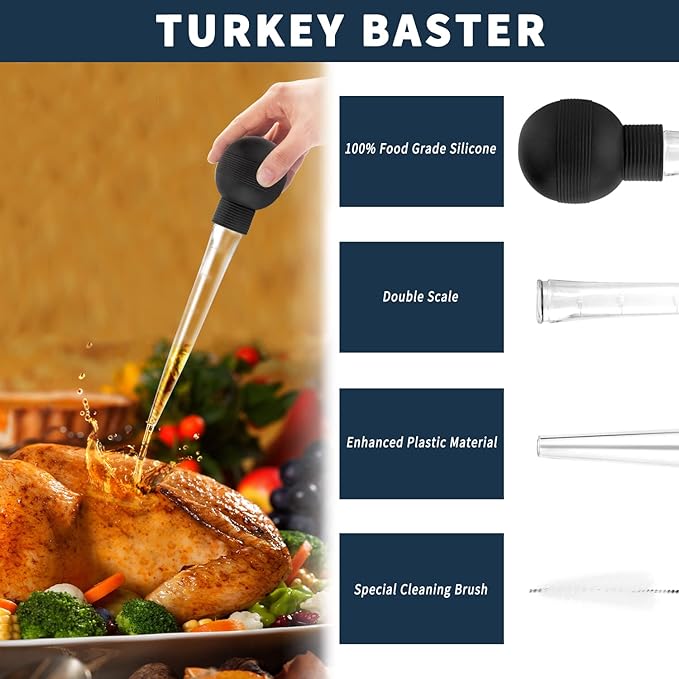 Kendane Turkey Baster With Cleaning Brush, Baster Syringe for Home Baking and Roaster Turkey, Include Detachable Food Grade Bulb with Double Scales for BBQ Grill Baking Kitchen Cooking